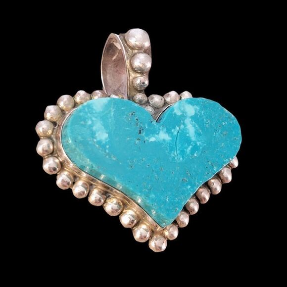 Choctaw Gale Self Beaded Wide Heart Turquoise Pendant - Picture 1 of 8